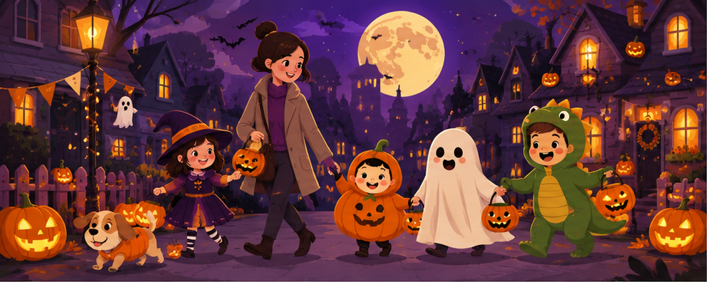 ハロウィンの仮装を楽しむ親子のイラスト